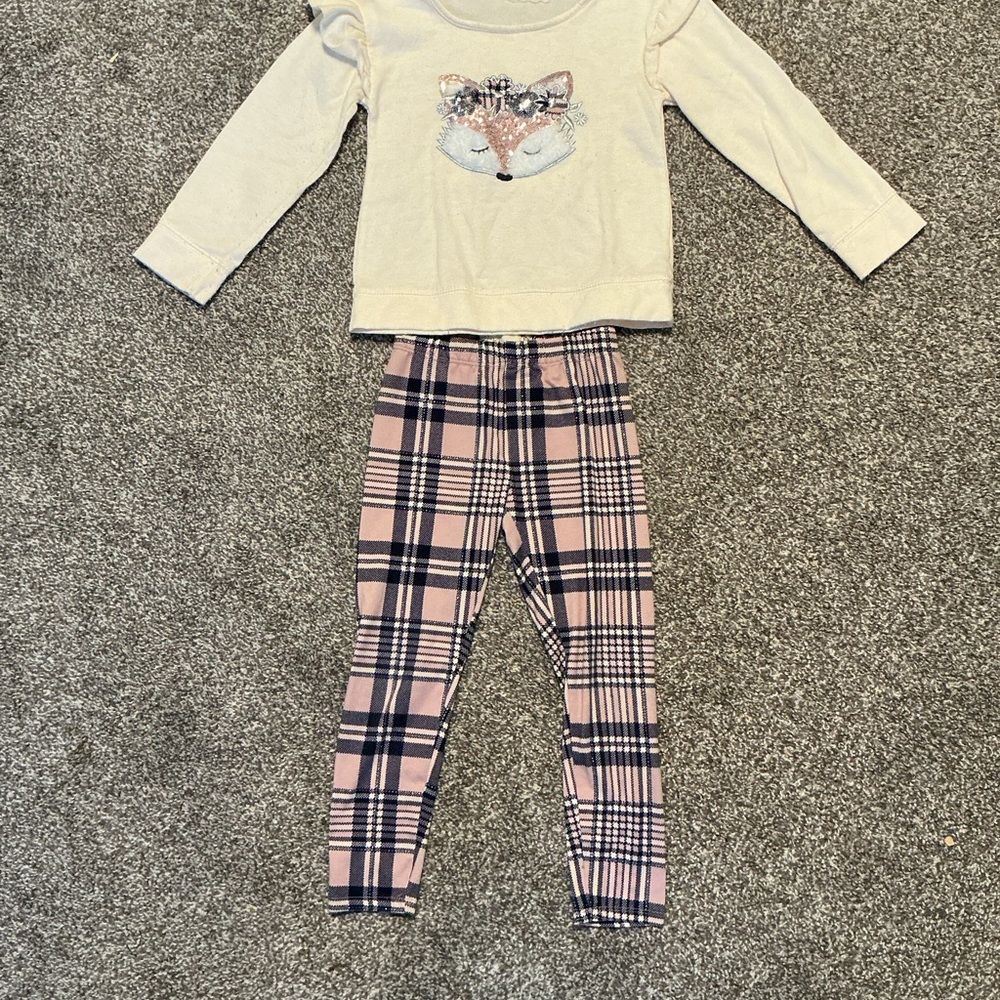 Kids Pajamas Set with Fox Design - Cream and Pink Plaid